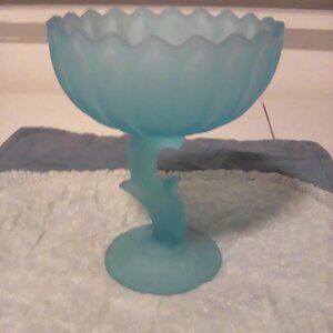 Vintage Blue Satin Glass Lotus Blossom Footed Bowl